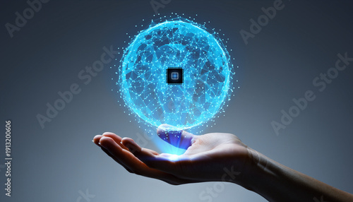 Hand holding glowing AI digital network sphere with semiconductor chip　手のひらに浮かぶ光るAIデジタルネットワーク球体と半導体チップ