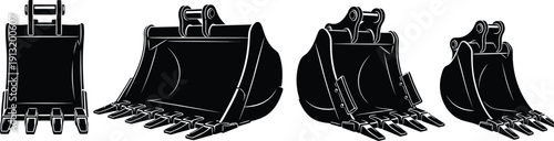 Silhouette vector set of 4 construction excavator buckets digging bucket ditch cleaning bucket rock bucket and trenching bucket