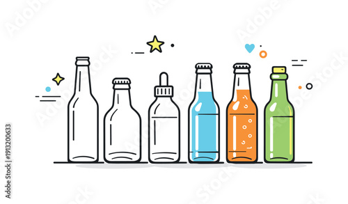 Minimalist Glass Bottles. Glass drink bottles. Several empty and filled glass bottles arranged neatly on a surface, expressing order and simplicity. Soft