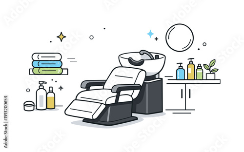 Hair care workspace. A calm scene focused on a shampoo chair and sink, towels and bottles placed simply, highlighting everyday salon service