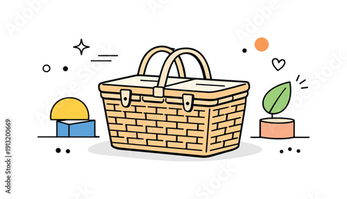 Wicker picnic basket. A minimal picnic basket paired with small abstract decorative shapes, forming a clean and modern editorial scene. The
