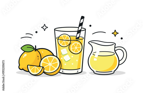 Refreshing Lemonade Scene. Lemonade props. A glass of lemonade placed next to lemons and a small jug, forming a clean and balanced composition. The mood is