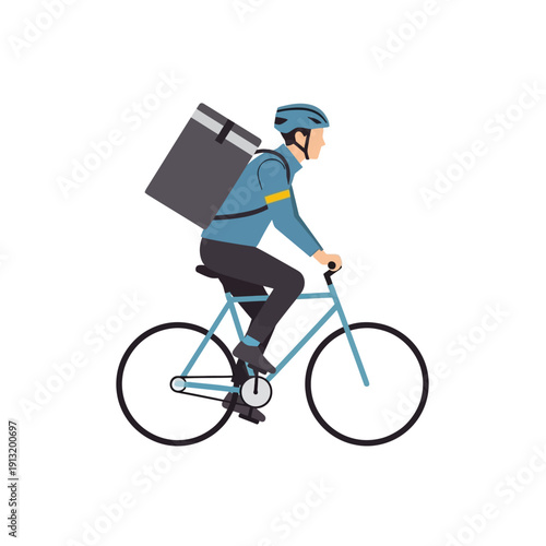 Delivery man on bicycle with insulated backpack, fast food service, vector illustration
