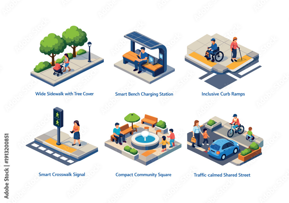 Fototapeta premium People-centered infrastructure. Isometric flat vector icons set of people-centered infrastructure: wide sidewalk with tree cover, smart bench