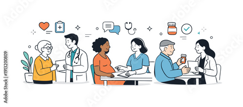 Community healthcare services. An editorial scene showing people calmly consulting with healthcare professionals in a community clinic,