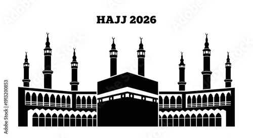 Majestic Mosque Silhouette with Minarets and Dome, Hajj 2026, Islamic Architecture Illustration