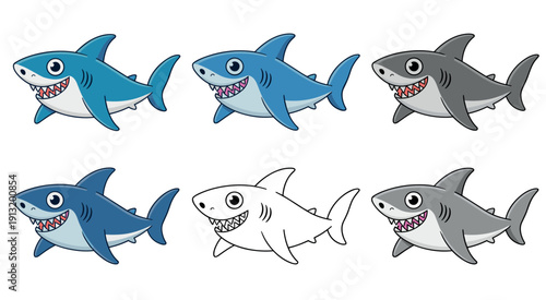 Cute Cartoon Shark Collection Smiling Marine Ocean Predator Flat Vector Illustration Set