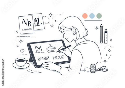 Logo design for fashion labels. A designer working on a tablet with simple logo marks and typography samples, focused and elegant creative