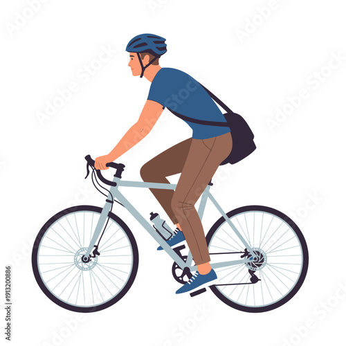 Man cycling with helmet and messenger bag, illustration