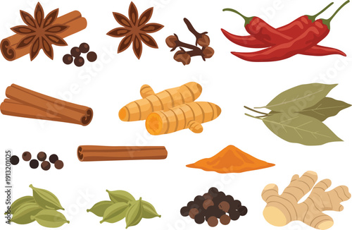 A vibrant collection of aromatic spices and herbs, featuring chilies, cinnamon, turmeric, and more, perfect for culinary inspiration and cooking