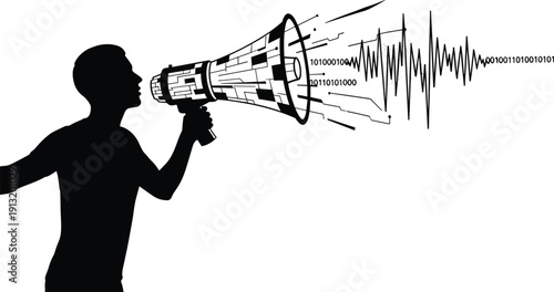 Silhouette holding megaphone with digital circuit patterns and binary code waves symbolizing technology, communication, and data transformation