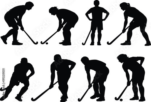 Eight Black Silhouettes of Field Hockey Players in Various Poses on White Background 1