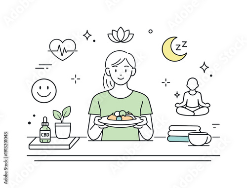 CBD in modern kitchens. A person calmly presenting a finished dish with simple icons indicating wellness trends, avoiding focus on