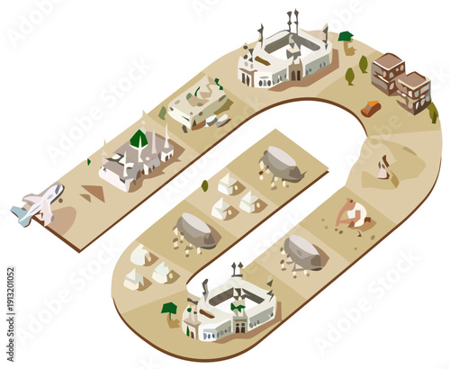 Industrial process stages illustrated in an isometric view showcasing factory buildings, machinery, and worker activities in a detailed graphic representation