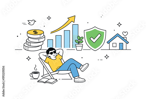 Freedom through financial independence. Editorial scene of a relaxed person enjoying free time while simple financial symbols remain stable