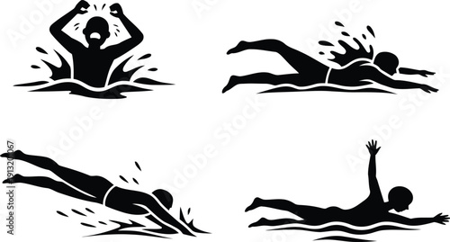 This set features four black silhouettes illustrating different swimming strokes and a person struggling in water