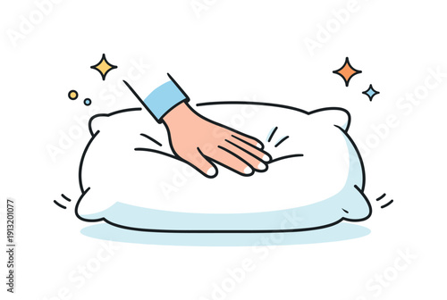 Pillow comfort check. A person gently testing a freshly fluffed pillow with a hand press, soft bounce lines and sparkles showing coziness and