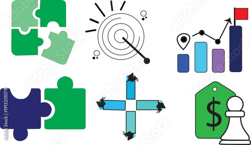 A collection of flat design business and strategy icons including puzzle pieces, a target with an arrow, a growth chart, directional arrows, and a price tag with a chess pawn. 