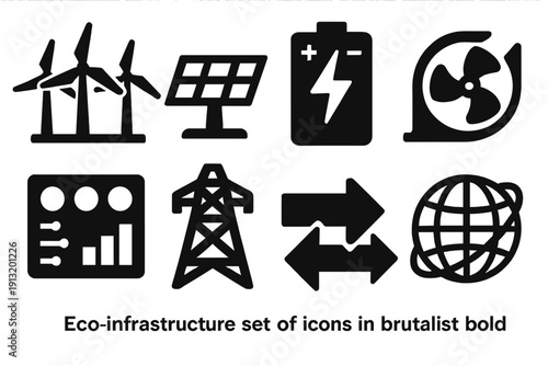 Eco Infrastructure Icons. Eco Infrastructure silhouette set: wind farm, solar field, battery storage, water turbine, control panel, transmission tower, energy flow arrows, global