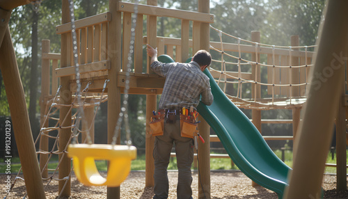 Tableau sur toile Man in plaid shirt with tool belt inspects a playground structure with a slide and swings