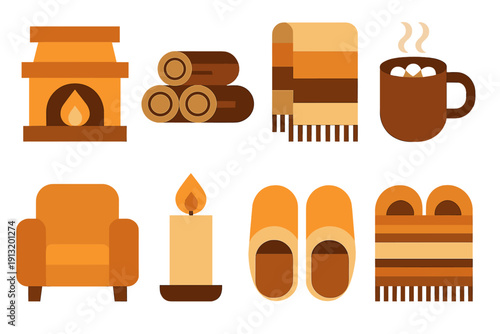 Cozy Hearth Icons. Cozy Hearth in geometric flat style: fireplace, log pile, blanket, mug of cocoa, armchair, candle, slippers, rug