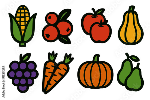 Bold Seasonal Icons. Seasonal Produce silhouette set: corn cob, cranberries, apples, squash, grapes, carrots, pumpkin, pears