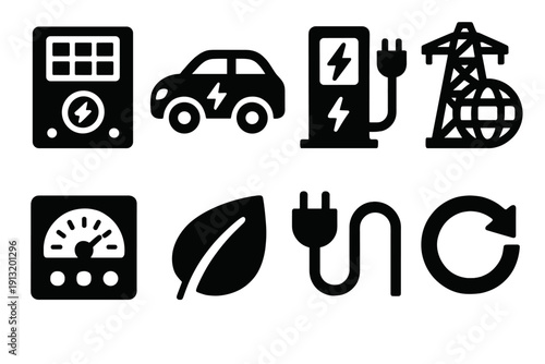 Brutalist Green Tech Icons. Green Technology silhouette set: solar inverter, electric car, charging dock, smart grid, energy meter, eco leaf, power cable, sustainability symbol