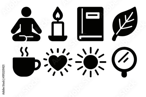 Mindful Gratitude Icons. Mindful Gratitude silhouette set: meditation pose, candle flame, journal, leaf, warm cup, heart aura, sunlight rays, reflection mirror