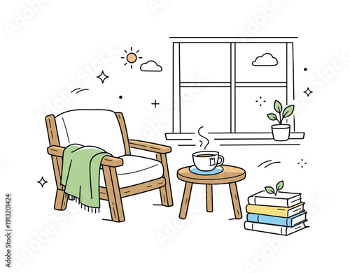 Reading nook by the window. A rustic armchair with a blanket, books stacked nearby, and a cup of tea on a small table. Slow living mood,