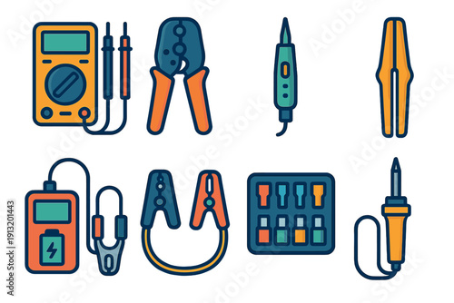 Vibrant Electrical Tools Icons. Electrical Auto Tools modern flat vector icons: multimeter, wire crimper, circuit tester, fuse puller, battery charger, jumper cables, connector kit