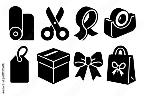Brutalist Gift Wrapping Icons. Gift Wrapping silhouette set: paper roll, scissors, ribbon, tape dispenser, tag label, box, bow, decorative bag