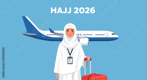 Pilgrim in white attire traveling to Hajj with luggage and airplane in the background