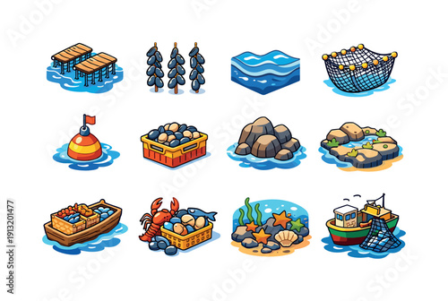Isometric Ocean Icons. Ocean harvest. Colorful isometric vector icons set of Ocean harvest: mussels farm, rope mussels, sea water, fishing net, buoy float,