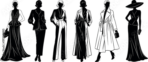 Elegant Black and White Fashion Silhouettes of Women in Evening Gowns Suits and Coats Vector Illustration