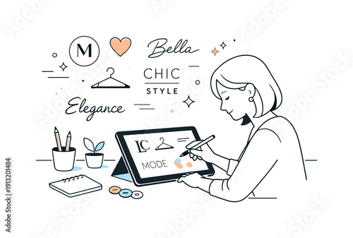 Logo design for fashion labels. A designer working on a tablet with simple logo marks and typography samples, focused and elegant creative