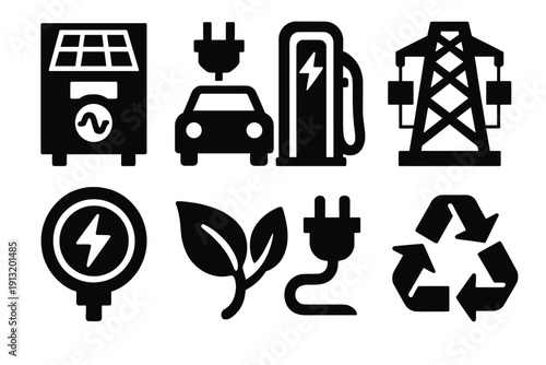 Bold Green Tech Icons. Green Technology silhouette set: solar inverter, electric car, charging dock, smart grid, energy meter, eco leaf, power cable, sustainability symbol