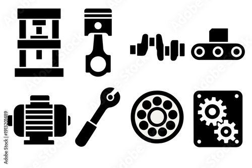 Industrial Mechanics Icons. Industrial Mechanics silhouette set: hydraulic press, piston, crankshaft, conveyor belt, motor gear, torque wrench, bearing, gearbox