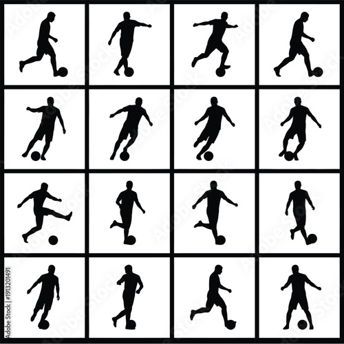 Soccer Player Action Silhouettes Set: Professional Football Athletes Dribbling and Kicking
