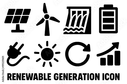 Renewable Energy Icons. Renewable Generation silhouette set: solar panels, wind turbine, hydroelectric dam, energy battery, eco plug, sunlight rays, renewable loop, efficiency