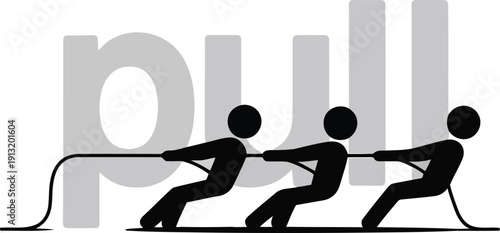 Three determined black stick figures cooperatively pull a thick rope against a grey background with the word pull