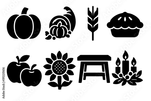 Harvest Tradition Icons. Harvest Traditions silhouette set: pumpkin, cornucopia, wheat stalk, pie, apples, sunflower, wooden table, candle centerpiece