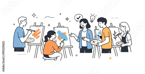 Learning to paint together. A group of students experimenting with different painting techniques at easels, teacher offering gentle feedback.