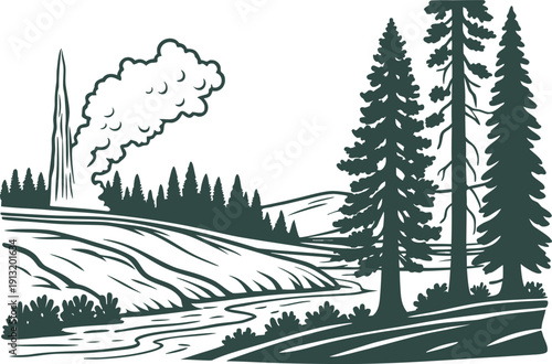 Mammoth Hot Springs Travertine Terraces and Mineral Deposits. Morning Glory Pool with Deep Blue Thermal Water. Grizzly Bear Foraging in Hayden Valley Wilderness. Yellowstone Lake Shoreline with Jagged