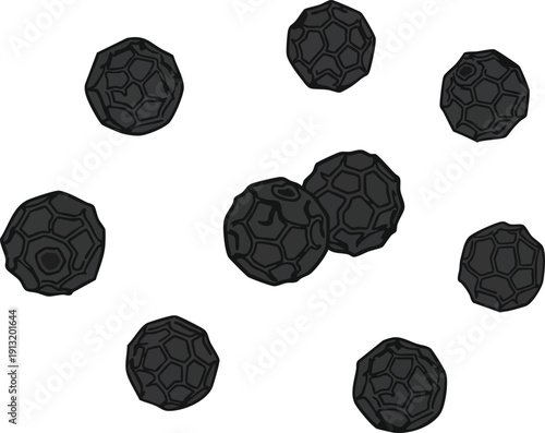 A scattering of dark, round peppercorns, each with a textured surface, suggesting a collection of spices or ingredients for culinary use