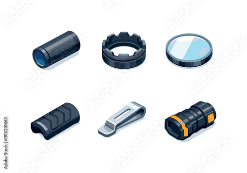 Flashlight materials. Isometric flat vector icons set of Flashlight materials: anodized aluminum body, reinforced metal bezel, tempered glass