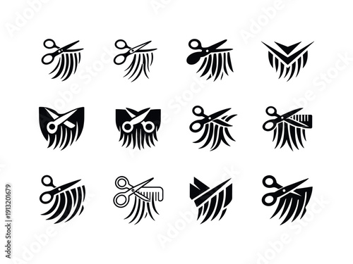 Hair trimming process. Icon set. Set Logo of hair trimming process: falling hair strands. harmonious logo variations of the same emblematic