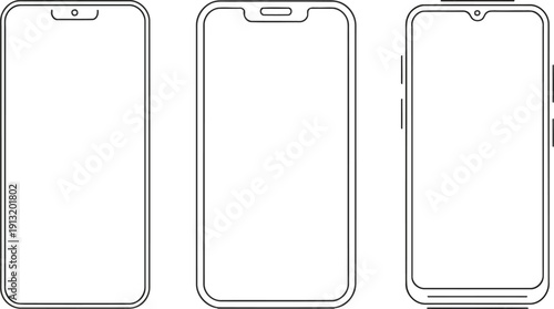 Three distinct outline style smartphones showcasing modern mobile device screen designs with varied notches