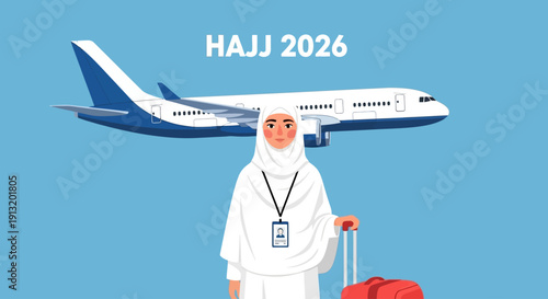 Pilgrim arriving for Hajj 2026 with luggage in front of an airplane