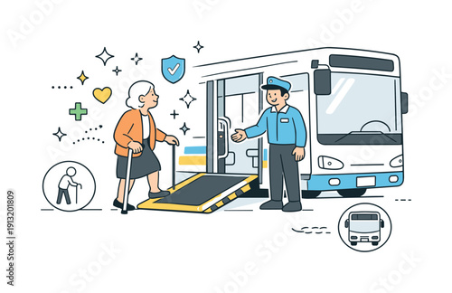 Accessible public transit for seniors. An older adult boarding a low-floor city bus with assistance ramp, abstract stars and floating shapes