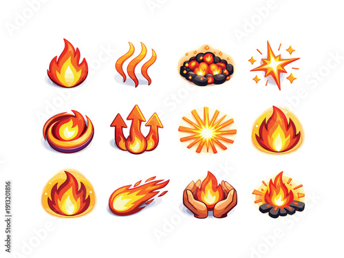 Fire Flame. Colorful isometric vector icons set of Fire Flame: flame shape icon, heat waves, glowing ember, spark particle, fire energy